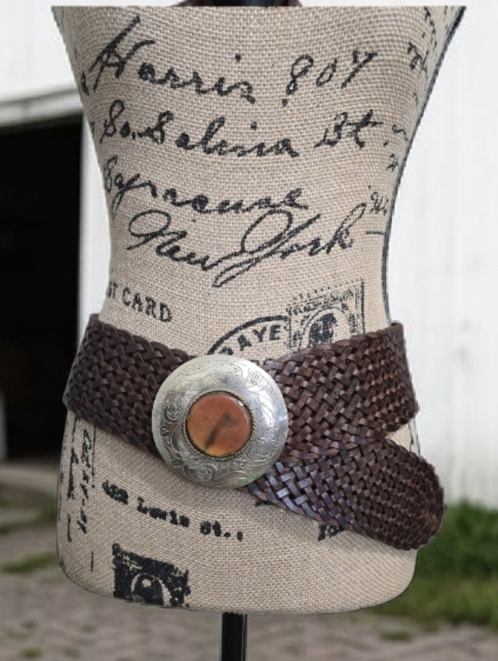 Woven Brown Leather Statement Belt with Decorative Buckle